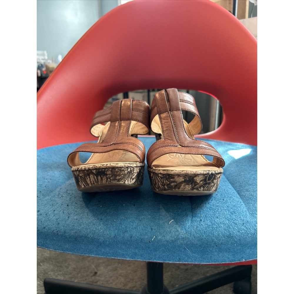Born brown leather t-strap slip on floral cork platform wedges US 9 EU 40.5